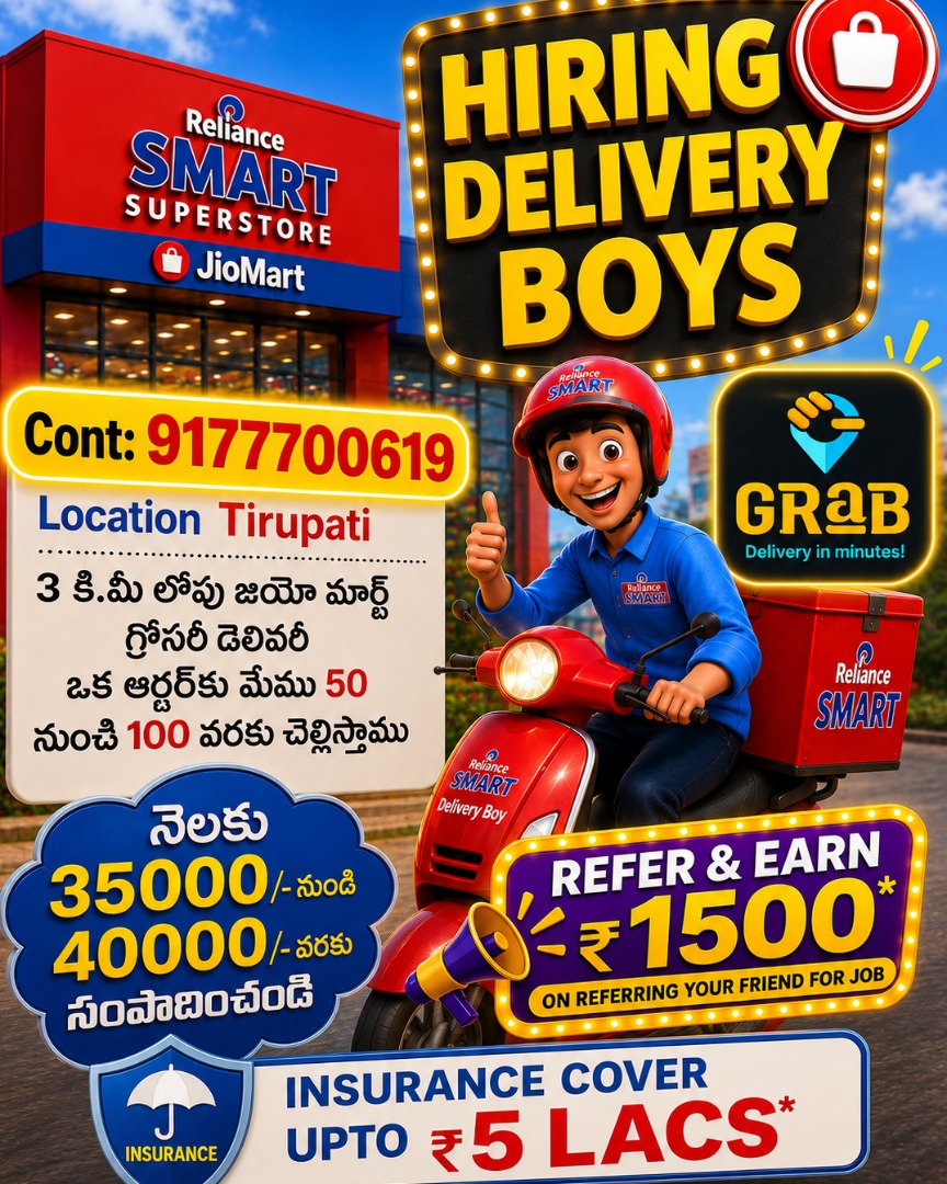 Grab Hiring Delivery Boys in Tirupati -Earn upto 35,000 Per Month
