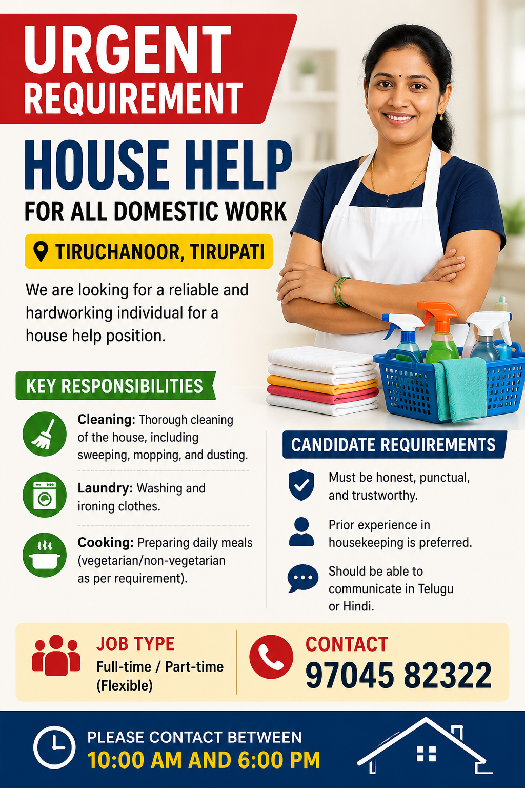 Urgent Requirement – Full-Time / Part-Time House Help in Tiruchanoor, Tirupati