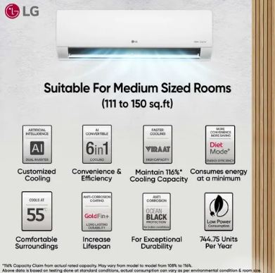 LG 1.5 Ton 5 Star AI DUAL Inverter Split AC | AI Convertible 6 in 1 | Faster Cooling| Energy Saving| 4 Way Swing | HD Filter with Anti Virus Protection (US-Q19PNZE, White) 2025 Model